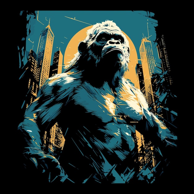 Portrait of an angry and terrified giant gorilla on the streets of a metropolis in a vector pop art style Template for tshirt sticker etc