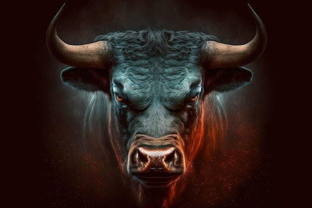 Portrait of angry violent bulls face on dark background generative ai