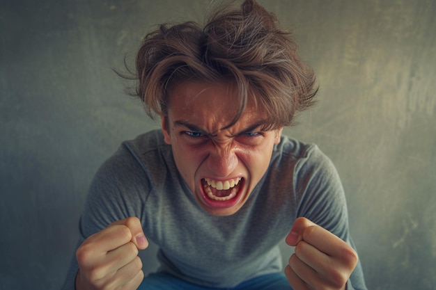 Portrait of angry young man screaming on grey background in studio