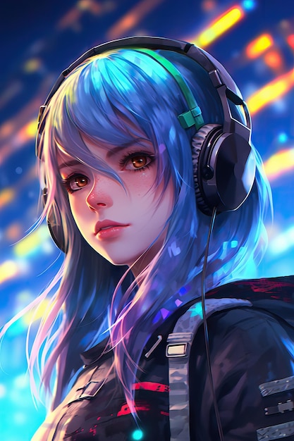 Portrait of a anime manga woman in a city color hair hearing music on headset for city pop lofi