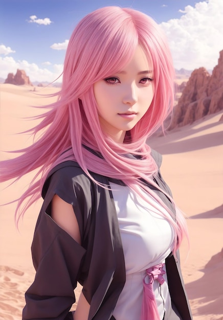 Portrait Anime woman Good shape like a model Pink hair and Elegant Fashion standing in the desert