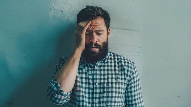 Portrait of annoyed tired bearded caucasian man facepalm feel fatigue and burnout after working