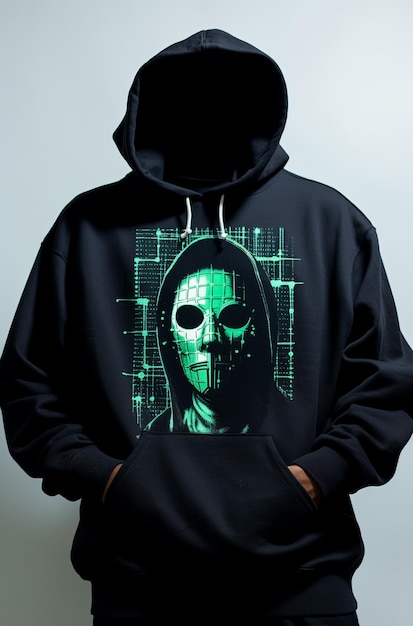 Portrait of an anonymous man in a black hoodie hiding his face behind a scary neon mask Studio shot