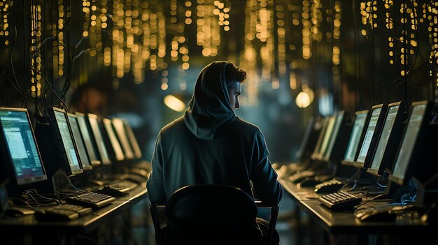 Portrait of anonymous robotic hacker Concept of hacking cybersecurity