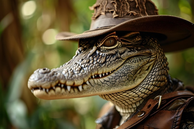 Photo a portrait of anthropomorphic crocodile wearing brown hat and brown vest