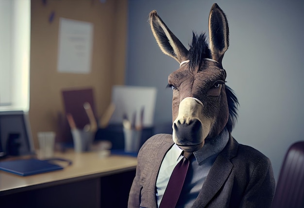 Portrait of an anthropomorphic donkey in a suit of a businessman as office worker Generate Ai