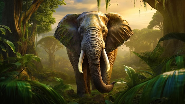Photo portrait of an anthropomorphic elephant towering above the jungle
