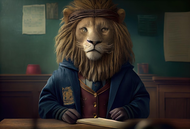 Portrait of an anthropomorphic lion dressed as a schoolboy in a classroom Generate Ai