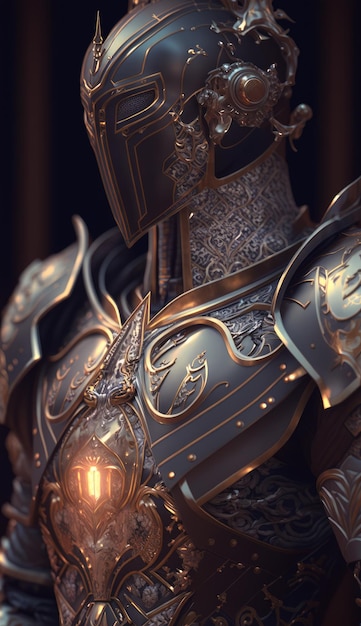 Portrait of an anthropomorphic majestic quasar knight intricate filigree metal armor