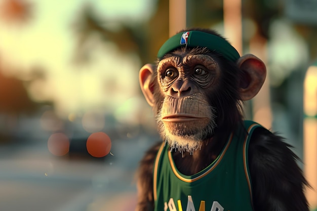 A portrait of anthropomorphic monkey wearing green basketball jersey and green basketball headband