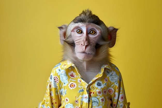 A portrait of anthropomorphic monkey wearing yellow pajamas