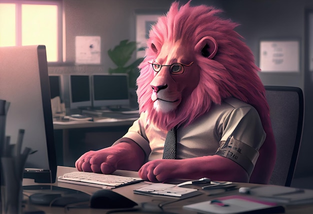 Portrait of an anthropomorphic pink lion as a developer in the office Generate Ai