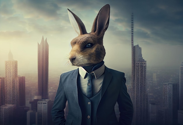 Portrait of an anthropomorphic rabbit businessman roaming the city streets Generate Ai