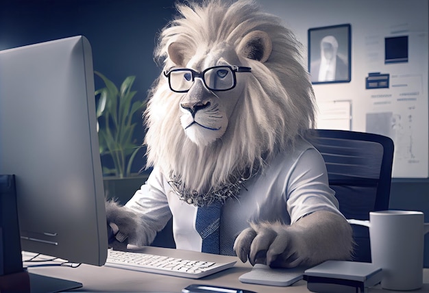 Portrait of an anthropomorphic white lion as a developer in the office Generate Ai