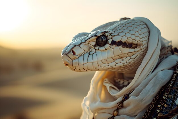 A portrait of anthropomorphic white snake wearing white nomad clothing