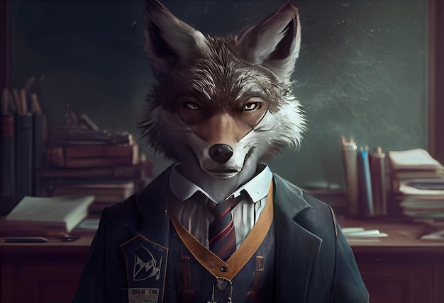 Portrait of an anthropomorphic wolf dressed as a schoolboy in a classroom Generate Ai