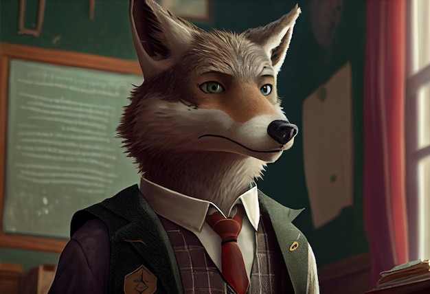 Portrait of an anthropomorphic wolf dressed as a schoolboy in a classroom Generate Ai