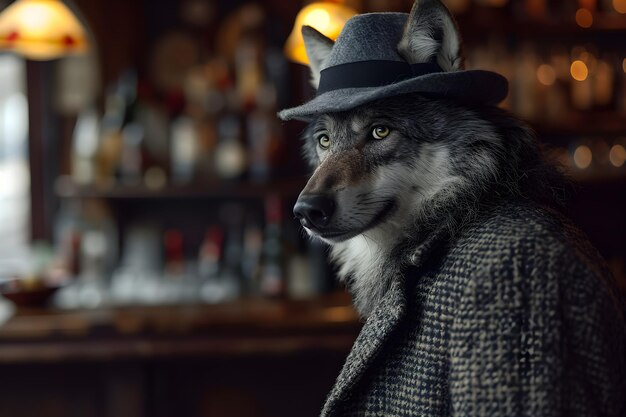 Photo a portrait of anthropomorphic wolf wearing grey tweed coat and hat