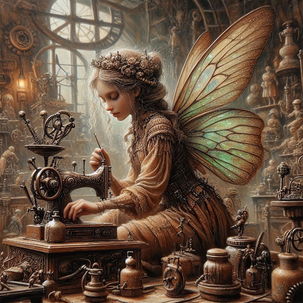 Portrait of antique female steampunk fairy