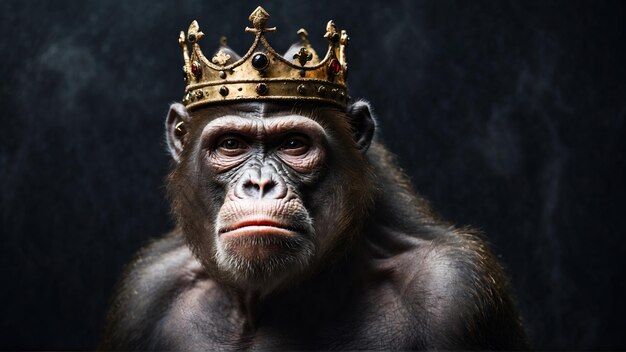 Portrait of ape wearing crown on black background