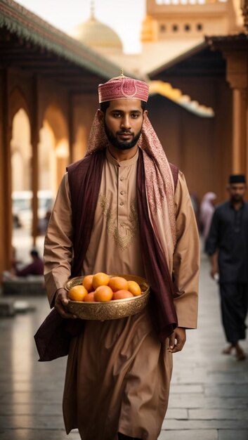 Foto ritratto di un uomo arabo che porta cibo durante il ramadan alla moschea