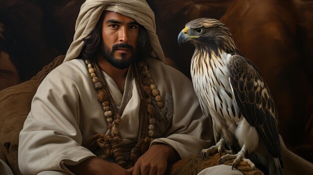 Portrait of Arab man and falcon bird