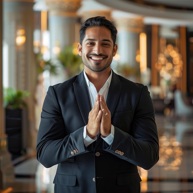 Портрет арабского мужчины, улыбающегося, показывающего благодарственный жест namaste, стоящего над вестибюлем отеля