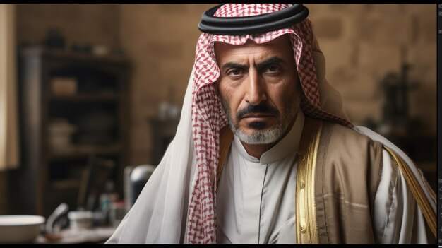 Portrait of Arab man wearing traditional while clothes working at office