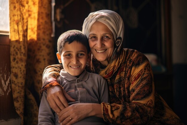 Portrait of Arab mother and son smiling at home