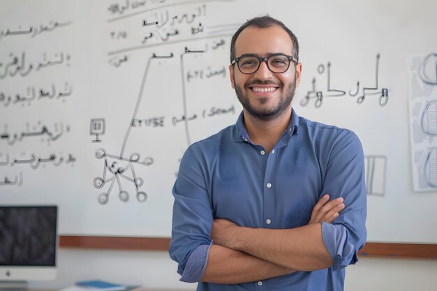 A portrait of an arabic man teacher in front of a whiteboard