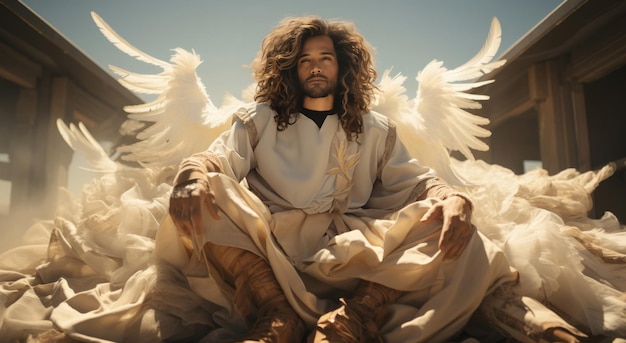 背中の天使のコンセプトで大きな翼とガウンを着た大天使の肖像画