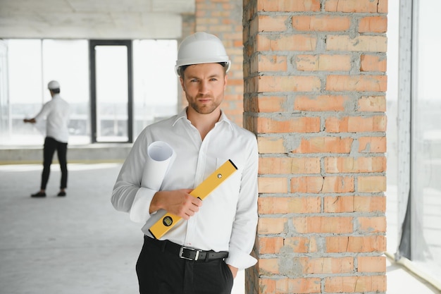 Portrait of an architect builder studying layout plan of the\
rooms serious civil engineer working with documents on construction\
site building and home renovation professional foreman at work