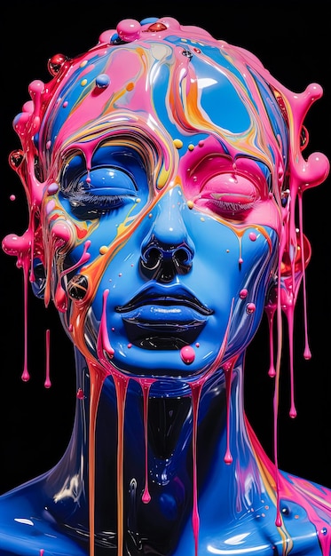 Portrait of art woman with abstract colorful paint splashes Colorful neon liquid drops