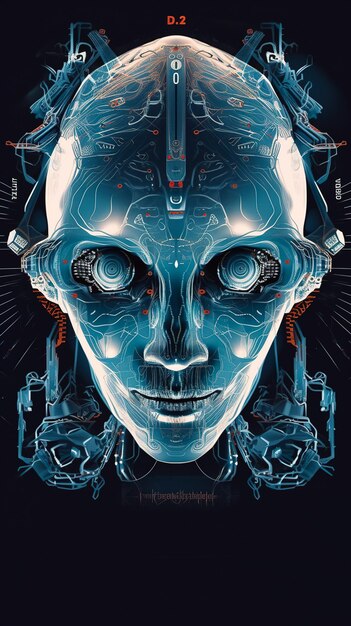 Portrait of an artificial intelligence connected to the network Scary face AI futuristic