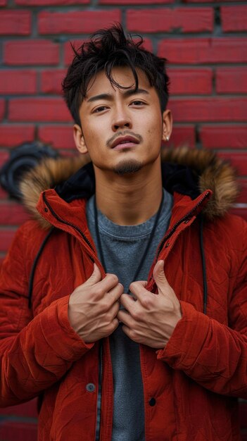 Portrait of Asian attractive man against background of red brick wall