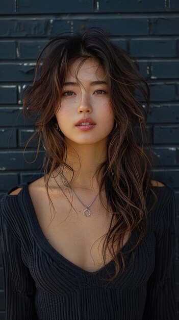 Photo portrait of asian attractive woman against background of black brick wall