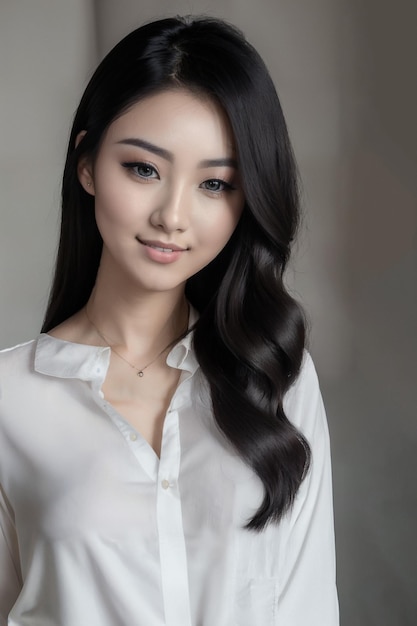 Portrait of asian beautiful chick in white blouse and blue eyes