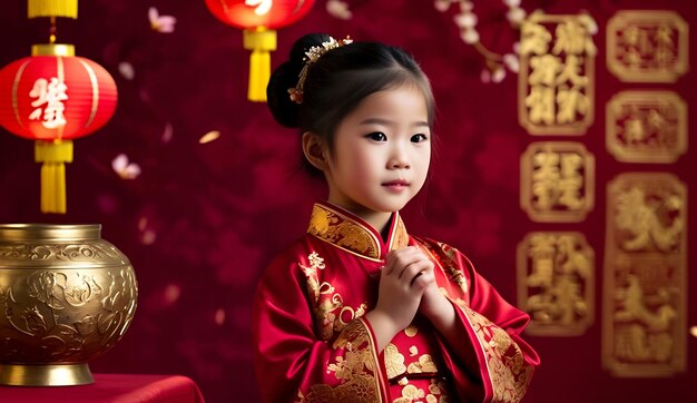 portrait asian beautiful girl a cheongsam Chinese New Years Eve in traditional suit and Angpao