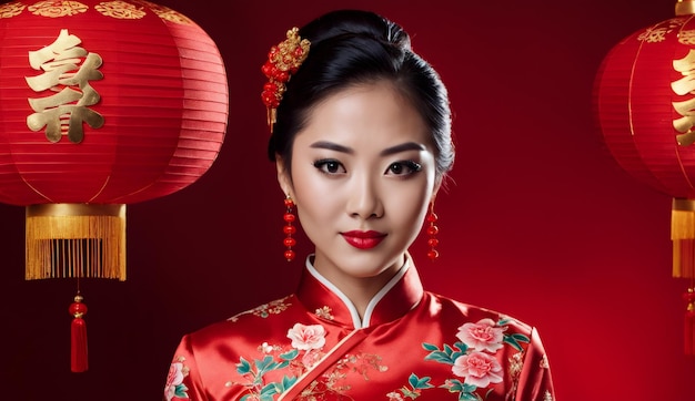 アジア人女性の肖像画中国の新年の背景にチョンサムを着用している美しい女性肖像画の少女