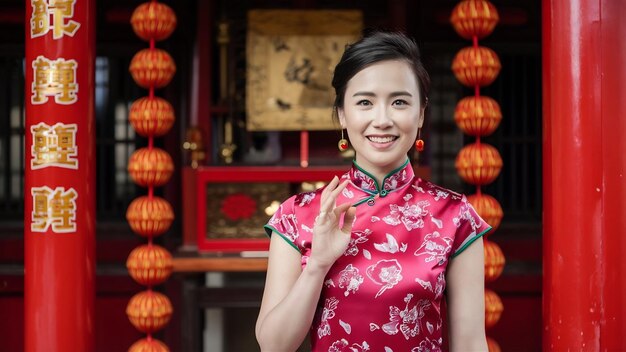 Portrait asian beautiful woman wearing a cheongsam smiling and poses with gesture of congratulation