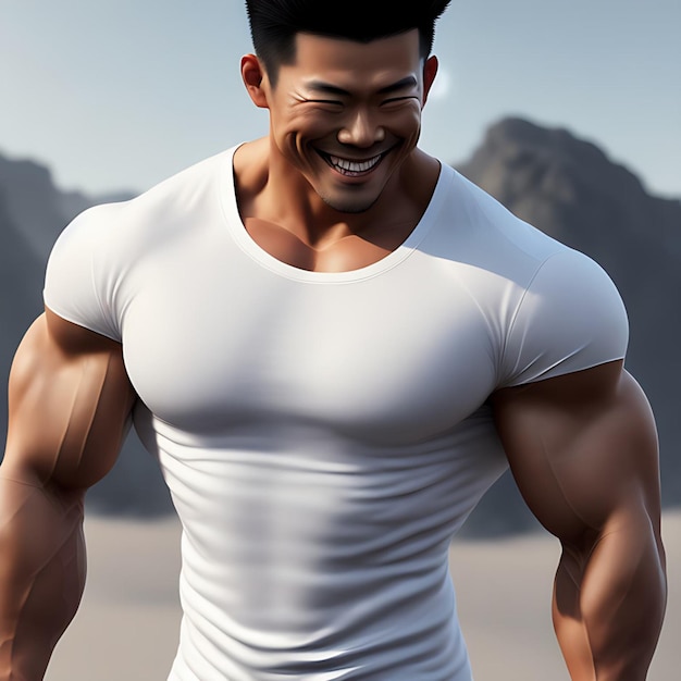 Photo portrait of an asian bodybuilder with tight tshirt showing off his muscles illustration