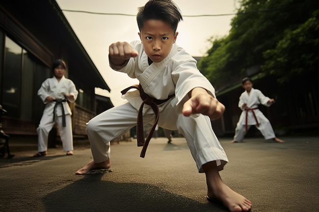 Portrait of asian boy and boys doing karate sports