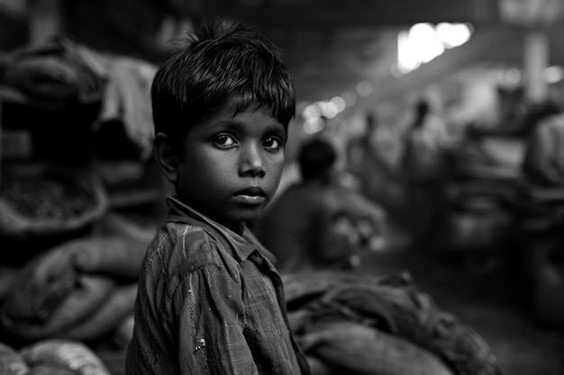 Portrait of an Asian Boy at work Child labor Black and white photo