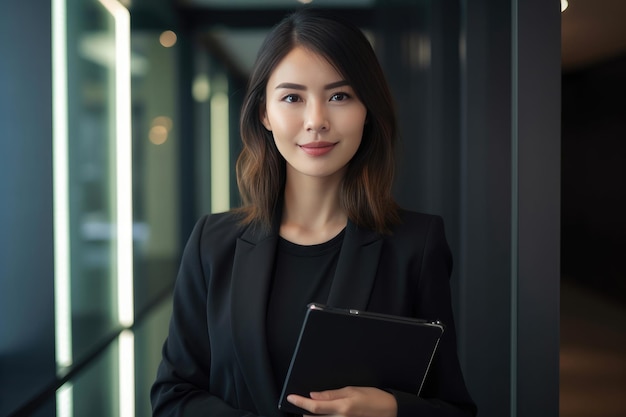 Portrait of asian businesswoman holding clipboard and looking at camera