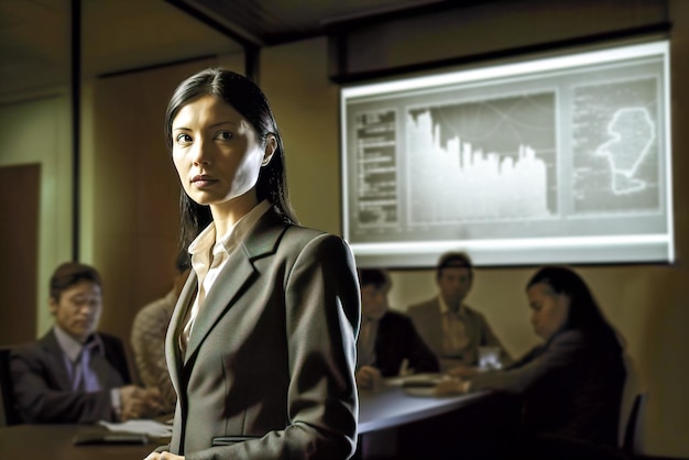 Portrait of Asian businesswoman in meeting room looking at camera Generative AI