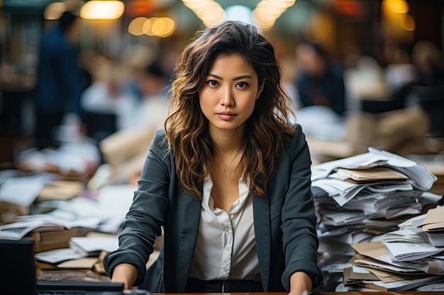 Portrait of Asian Businesswoman sitting and working hard at with front of computer and lots of documents on the table in workplace at late with serious action Work hard and too late concept