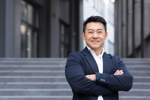 Portrait of asian cheerful and successful businessman near office in business suit confident manager salesman broker smiling