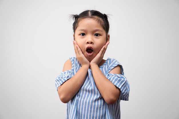 Portrait of Asian child and to collect hair and Put here  hands on the cheeks and excited pose