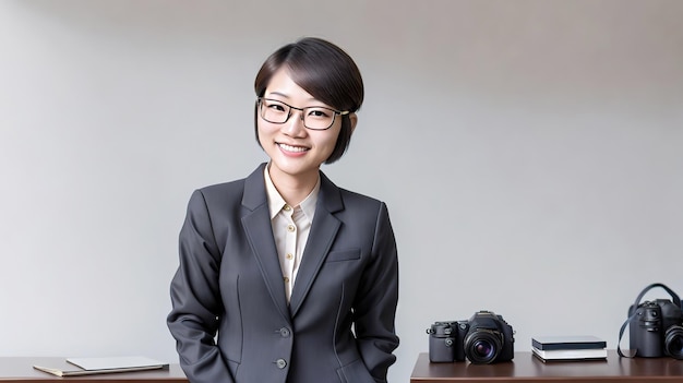 Portrait asian confident short hair wearing glasses woman in suit in the office generative art by AI