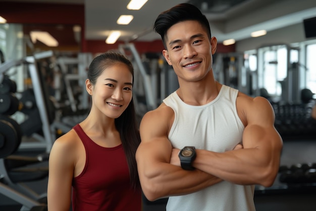 Portrait of asian couple flexing their muscles working out in gym health and wellness